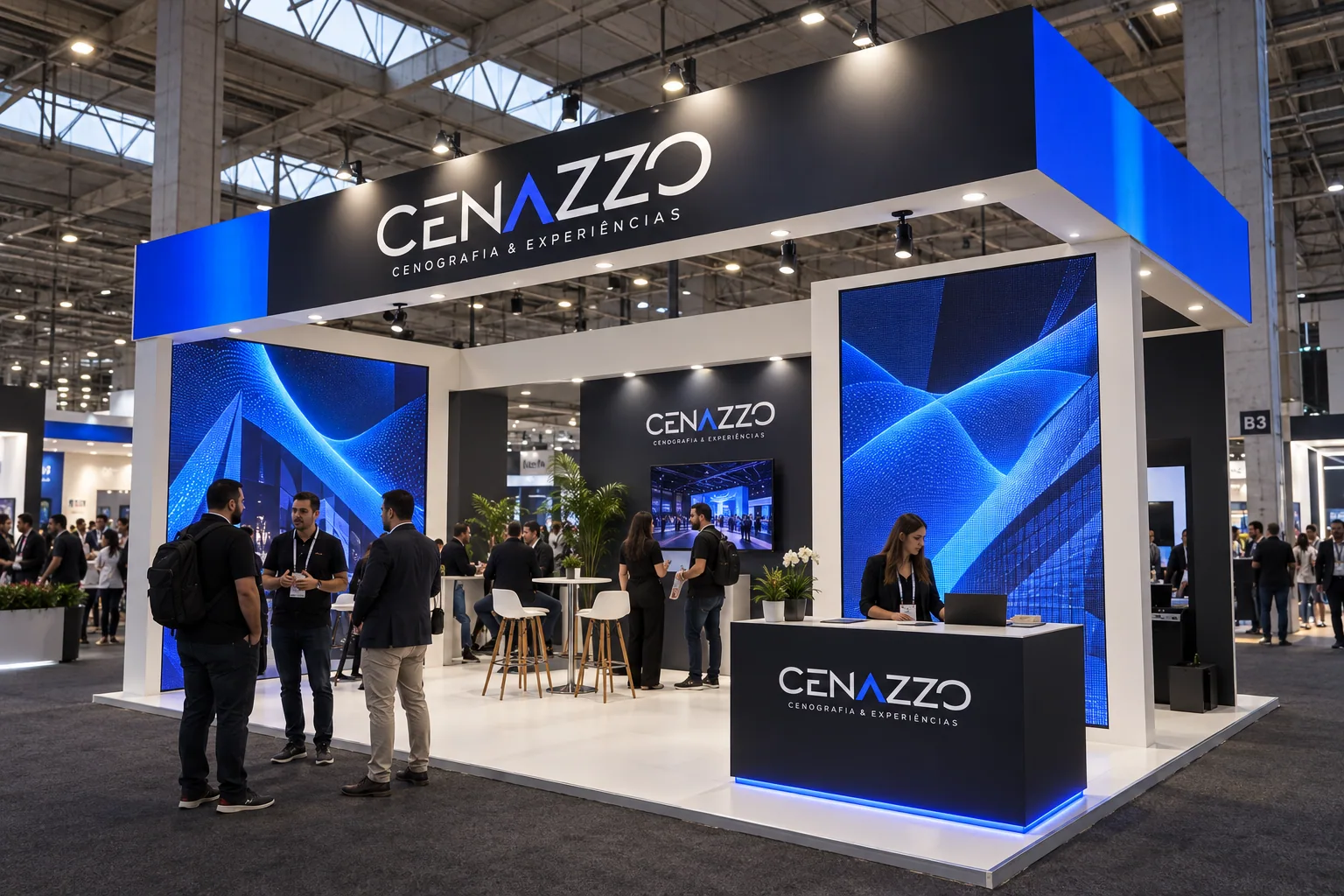Conceito de estande de grande impacto com luz azul e áreas integradas